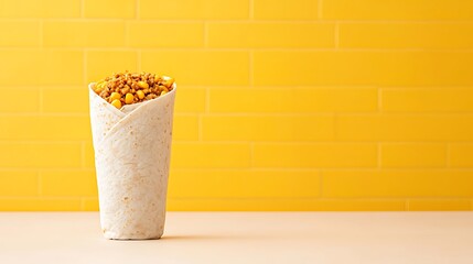 Tall paper cone filled with golden popcorn against a vibrant yellow background