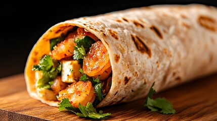 Delicious shrimp and tofu burrito on a wooden board