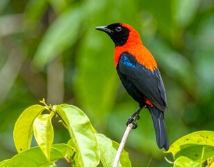 Vibrant bird perched in lush foliage