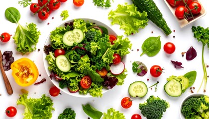 Overhead shot of colorful salad ingredients arranged on white background, fresh and vibrant