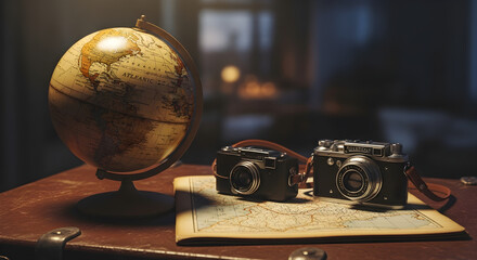 Vintage Cameras and Globe: A Journey Awaits.