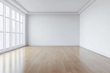 Empty bright room with wooden floor and large windows creating spacious modern interior filled with natural light