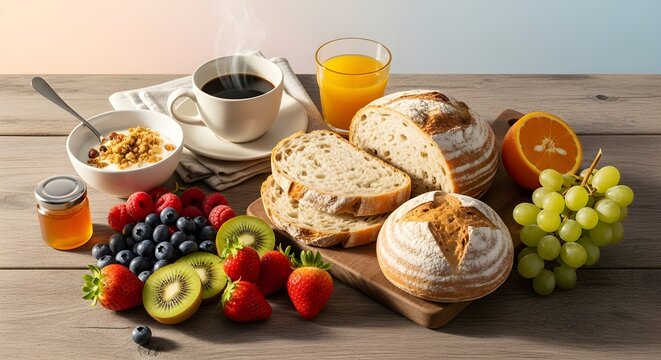 Healthy breakfast with coffee, juice, bread, fruit, and cereal on table