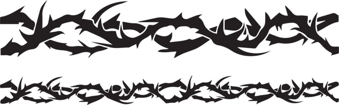 Minimalist black tribal tattoo set &ndash; sharp flame-like and thorn-inspired horizontal designs for bold body art and symbolic expression.