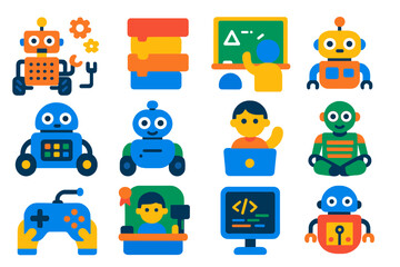 Educational Robot Icons. Flat vector icons of educational robots: DIY robot kit, block-based coding, programmable rover, beginner