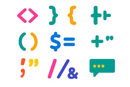 PHP Syntax Icons. Flat vector icons of PHP Syntax Elements: opening tag, closing tag, curly brackets, parentheses, variable