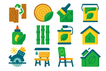 Eco Carpentry Icons. Flat vector icons of green carpentry: reclaimed wood, sustainable material, eco finish, non-toxic glue,