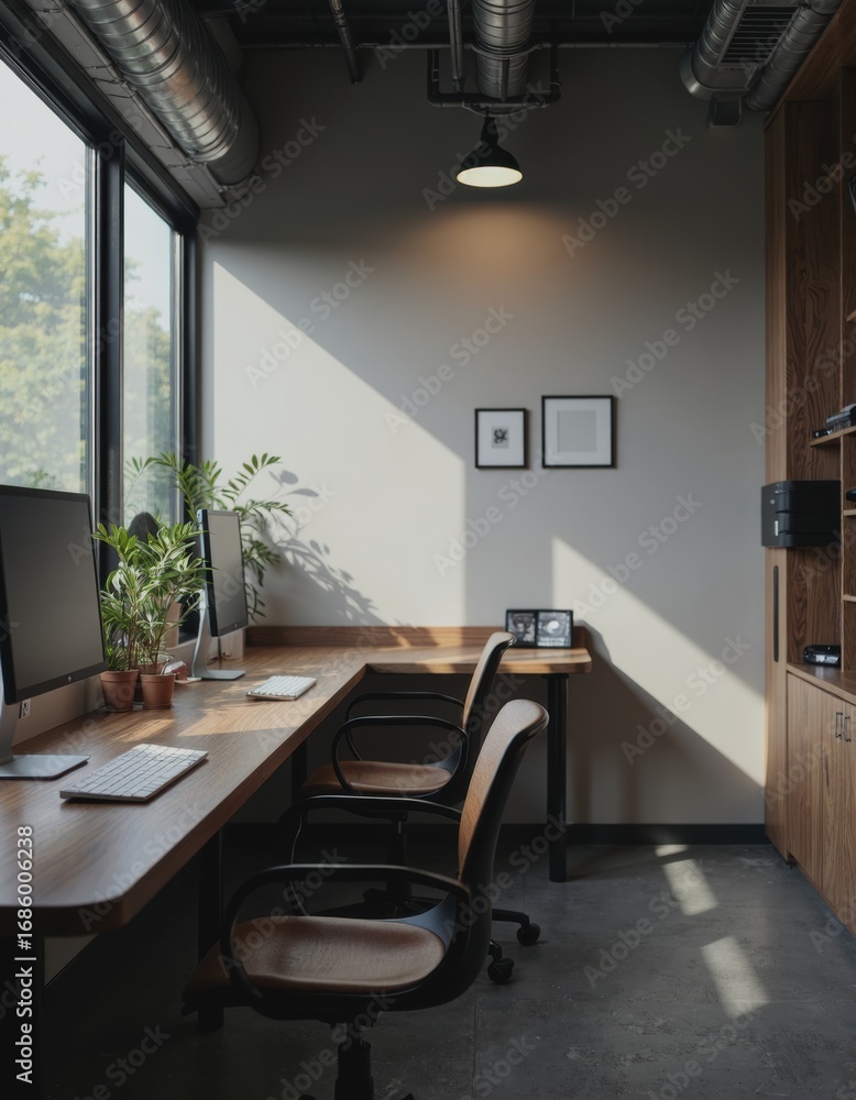 Poster modern taxi dispatch center featuring a sleek desk workspace with computers