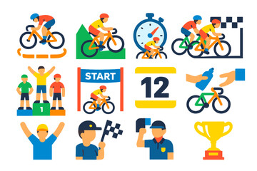 Cycling Race Icons. Flat vector icons of bike races: criterium race, grand tour stage, time trial, mountain stage, sprint finish,