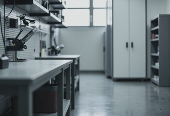 Testing station area featuring a workbench and organized equipment