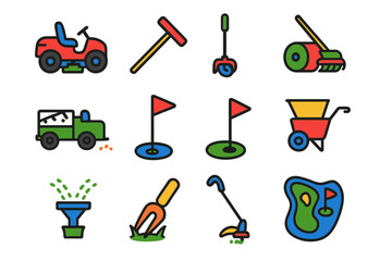 Golf Course Icons. Flat vector icons of golf course maintenance: lawn mower, bunker rake, hole cutter, green roller, fairway