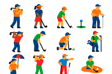 Modern Golf Icons. Flat vector icons of golf players: male golfer, female golfer, junior golfer, senior golfer, golfer swinging,