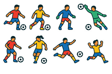Soccer Player Icons. Flat vector icons of soccer players: striker icon, midfielder icon, defender icon, goalkeeper icon, player