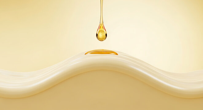 Golden liquid drop gently falls onto creamy wave, symbolizing luxury, purity, and nourishment