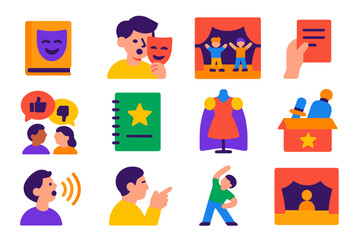 Theater Education Icons. Flat vector icons of theater education: drama book, student actor, line memorization, stage games, peer