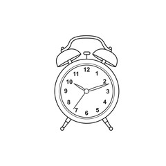 Vintage retro alarm clock outline drawing with bells and time hands