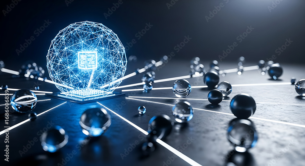 Poster dynamic network visualization with glowing digital sphere and interconnected nodes symbolizing advan