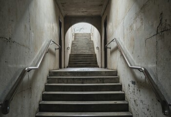 Railway stair rail leading to a blank entry area with a minimalist design