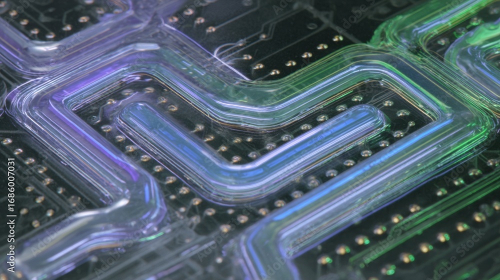Poster a close perspective of the fluidic pathways incorporated into the chip design demonstrating the comp
