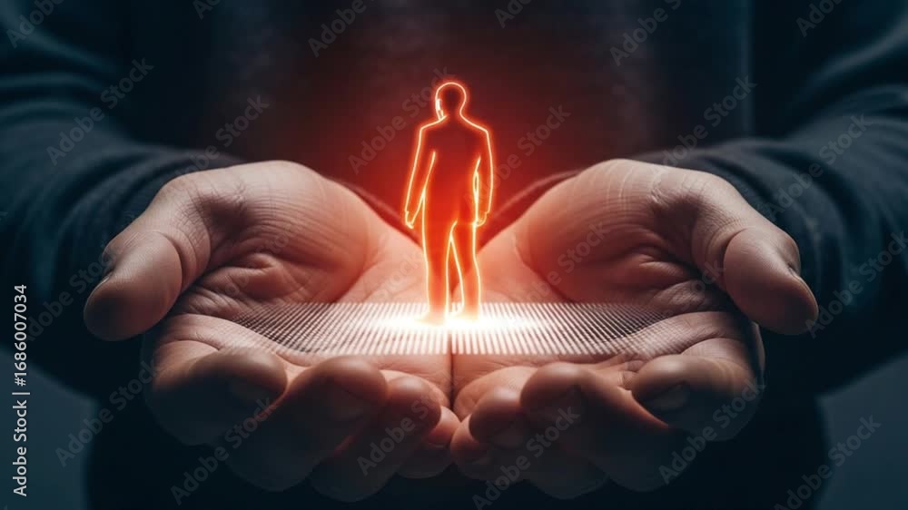 Aufkleber man shaped light figure standing on a grid held in two hands in a dark setting with a jacket showing