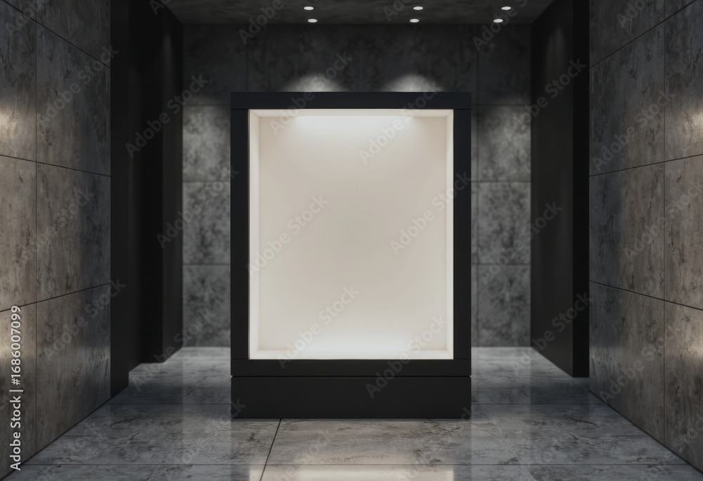Poster blank cinema display case with a sleek frame in a modern setting