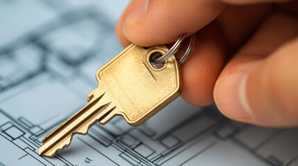 Close-up of a hand holding a golden house key above a blueprint, symbolizing real estate ownership, property investment, buying a new home, construction planning, or architectural and housing concepts