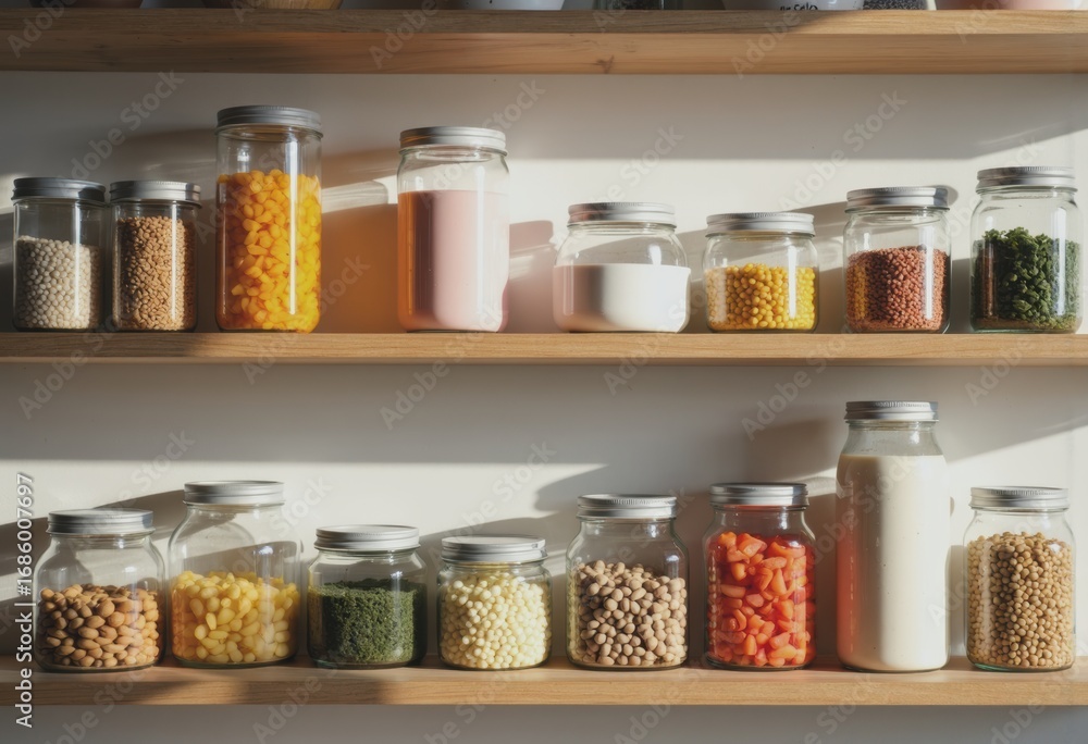 Poster organized pantry storage shelf system with clear containers and food items