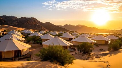 Luxurious Desert Glamping: Tented Resorts Embracing the Majestic Arabian Landscape at Sunrise - Powered by Adobe