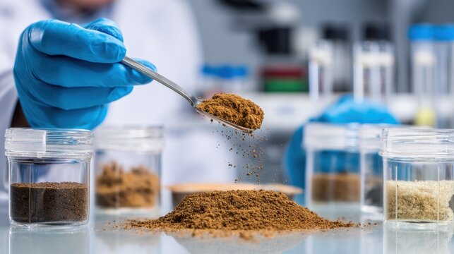 Lab technician using a spatula to transfer finely ground soil into analysis containers focused soil sample with a blurred background of lab equipment.