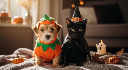 A photorealistic dog and cat together in small Halloween outfits, with warm natural light, for a pet Halloween lifestyle.