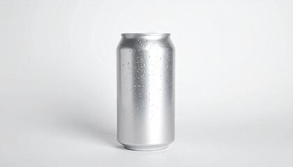 Silver Aluminum Can Mockup with Condensation on White Background
