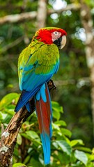 Fototapeta premium Vibrant parrot perched on a branch, showcasing green, red, and blue plumage. Lush jungle background