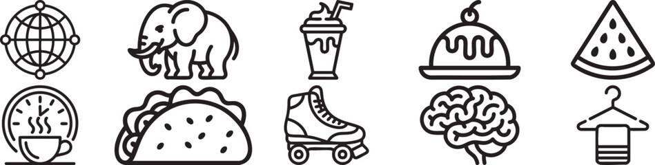 Set Of Black Line Icons Featuring Globe Elephant Milkshake Dessert Watermelon Coffee Taco Roller Skates Brain And Clothes Hanger Symbol