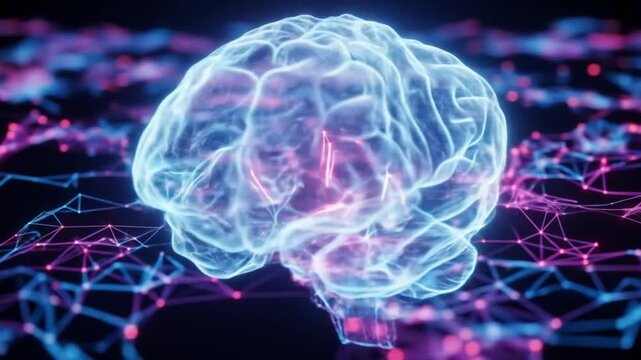 A brain model surrounded by a weblike network of connections It is rendered in blue and pink standing out against a dark background