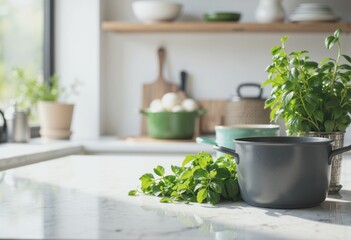 Organized culinary workspace featuring kitchen equipment and fresh herbs