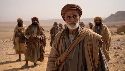 Elderly Man in Traditional Desert Attire with Group in Background