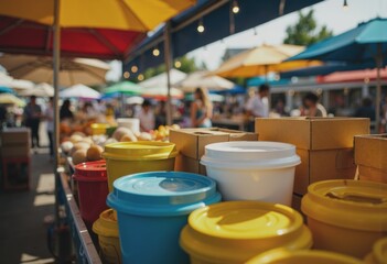 Organized vendor equipment at a vibrant market facility with colorful umbrellas