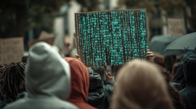 Focused medium shot on a protestors sign featuring encrypted code graphics