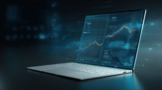 A laptop with graphs and analytics on the screen featuring realtime data visualizations that demonstrate predictive capabilities for manufacturing and service planning.