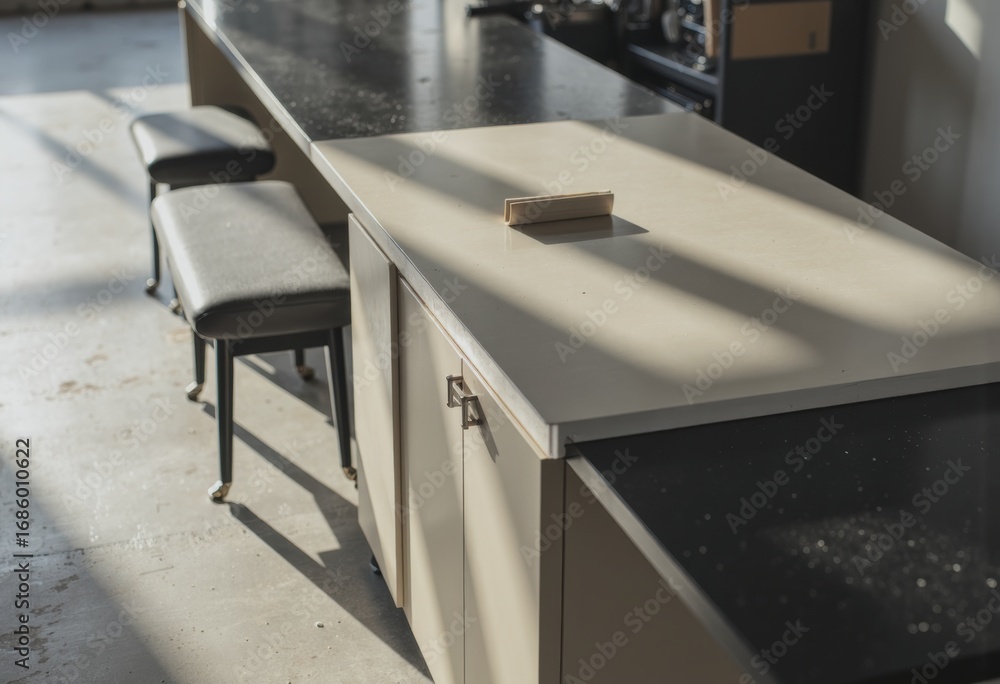 Poster testing station area featuring a workbench and seating for efficiency