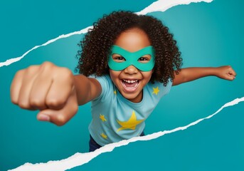 An 8-year-old mixed-race Brazilian girl leaning forward with one fist outstretched as if flying, the other arm behind her, a playful smile, wearing an AI-generated superhero mask.