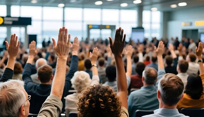 A diverse group of people from behind raising their hands in unison, showing participation and agreement at a conference