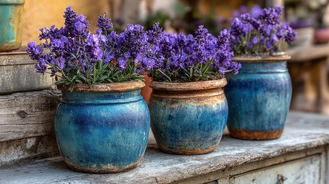 Three terracotta pots filled with vibrant purple lavender blossoms, arranged on a rustic wooden surface. A tranquil scene exuding serenity and natural beauty.