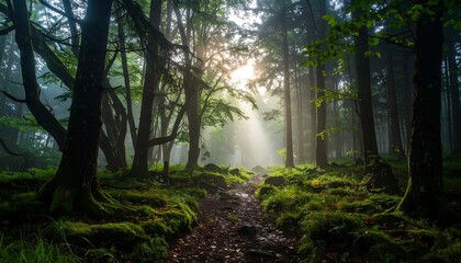 Fototapeta premium Sun rays filter through trees in a lush green forest; pathway in the foreground