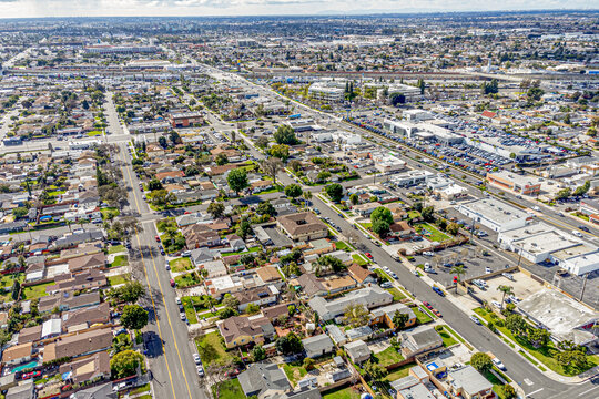 Buena Park, Orange County, CA, California, February 9, 2024: Aerial Drone View toward Beach Blvd including Ken Grody Ford Buena Park, Artesia Blvd, Beach Blvd and Freeway 5 with Homes, Houses, Streets