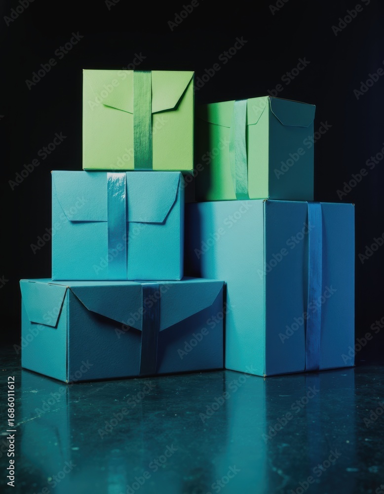 Poster aligned retail boxes stacked with strap guards for secure presentation