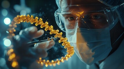 Scientist closely analyzing a glowing golden DNA strand with precision tools in a high-tech lab, symbolizing biotechnology, genetic engineering, molecular science, DNA research and advanced innovation