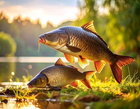 Two carp leaping from a lake at sunset