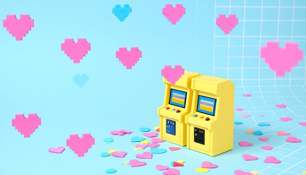 Pastel Pixel Hearts Raining on Arcade Games