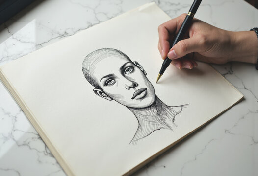 Person creating a single line facial drawing on a sketchbook